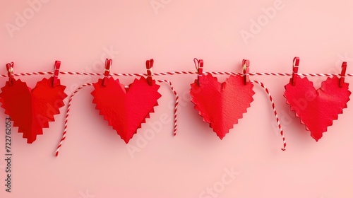 Red paper hearts hunging on string, isolated on a pastel pink background. Copy space for text, advertising, message. Concept of love, romance, valentine, anniversary, proposal. photo