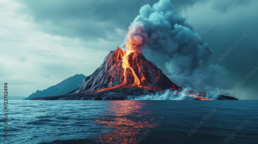 Lava Flows on active volcano on island in sea,