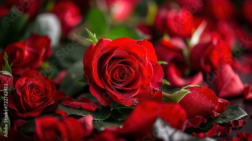 Close-up of red roses blooming. Copy space for text  advertising  message. Concept of love  romance  valentine  anniversary  proposal.