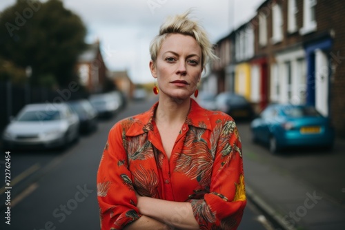 portrait of a beautiful middle-aged blonde woman with short hair in a red blouse on the street