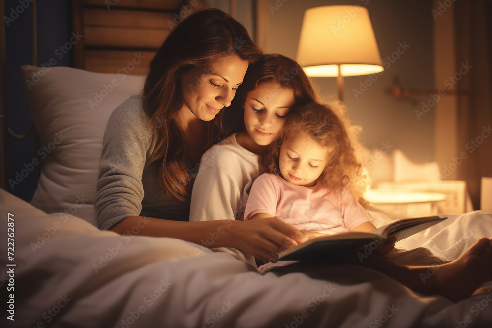 Tired mother reads bedtime story to daughters on bed. Sister girls listen enthusiastically to bedtime story read by beloved mother in bedroom Tired mother reads bedtime story to daughters on bed. Sister girls listen enthusiastically to bedtime story read by beloved mother in bedroom