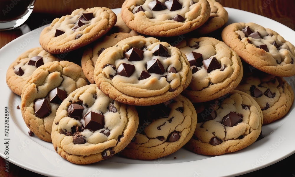 an irresistible scene featuring a plate piled high with warm and gooey chocolate chip cookies an irresistible scene featuring a plate piled high with warm and gooey chocolate chip cookies