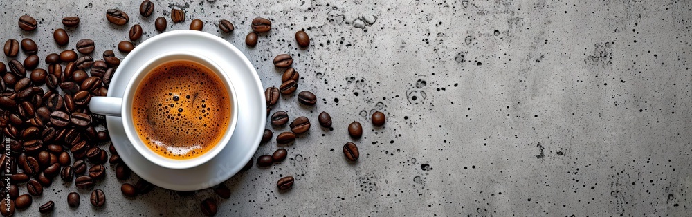 Fototapeta premium Aromatic espresso served in rustic setting culture. Freshly roasted coffee beans creating inviting aroma for perfect breakfast. Vintage vibes in cozy cafe with steaming mugs and piles of dark arabica