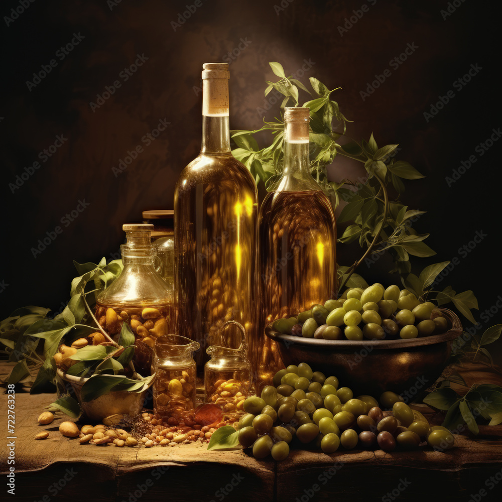 Assorted Olive Oil Bottles with Fresh Olives and Nuts. AI GENERATED IMAGE. Assorted Olive Oil Bottles with Fresh Olives and Nuts. AI GENERATED IMAGE.