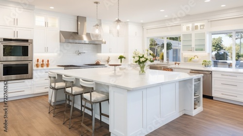 Beautiful white kitchen in new luxury home with large island. Features large island  stainless steel appliances  and sleek modern range hood