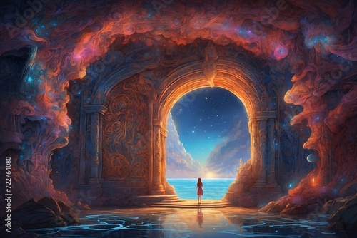 A fantastical portal, a doorway to another world, is depicted in a vivid and fantastical painting. The portal, crafted with intricate details, is embellished with ornate carvings and glowing symbols. © DynaVerse3D