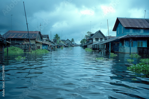 Stilt Houses Along Flooded River Village
 photo