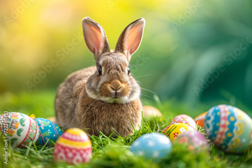 Easter bunny rabbit on green grass with eggs around it ai generated art. 