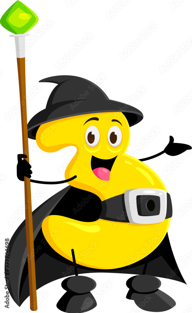 Obraz premium Cartoon math number three Halloween wizard, witch and mage character. Isolated vector numeric 3 personage wields a mystical staff, adorned with hat and cloak, solving equations with wise expression