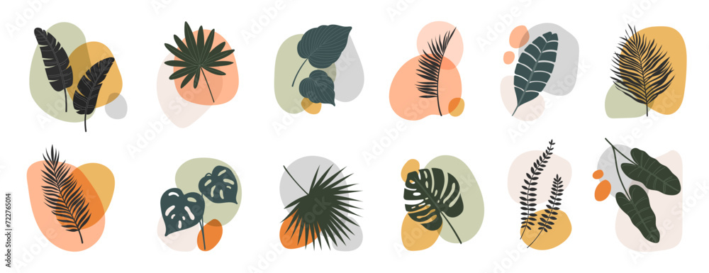 © Buch&Bee - Abstract boho leaf and plant shapes, feature tropical foliage of palm trees and exotic flowers with colorful spots in natural tones, tapestry of nature, effortlessly blending into bohemian aesthetics © Buch&Bee - Abstract boho leaf and plant shapes, feature tropical foliage of palm trees and exotic flowers with colorful spots in natural tones, tapestry of nature, effortlessly blending into bohemian aesthetics