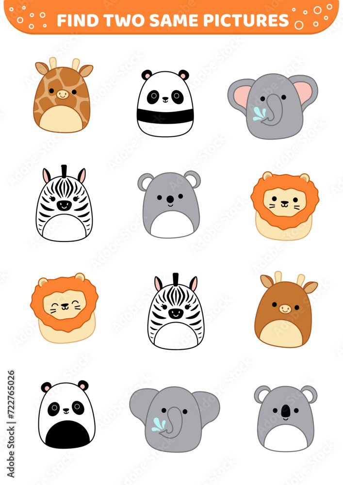 African and Australian animals. Find two same pictures. Game for children. Cartoon, vector