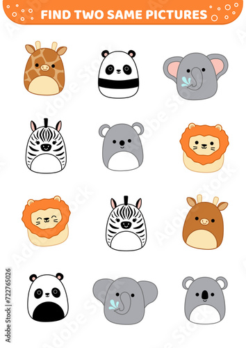 Fototapeta Naklejka Na Ścianę i Meble -  African and Australian animals. Find two same pictures. Game for children. Cartoon, vector