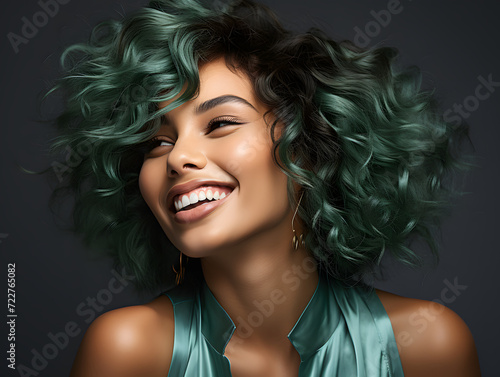 Smiling Cute and Young Woman with Black and Green Ombre Hairstyle photo