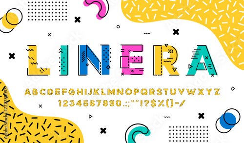 Outline geometric font, modern abstract line type, futuristic tech typeface, english alphabet. Vector contemporary abc features minimalistic linear letters, signs and numbers in colorful memphis style