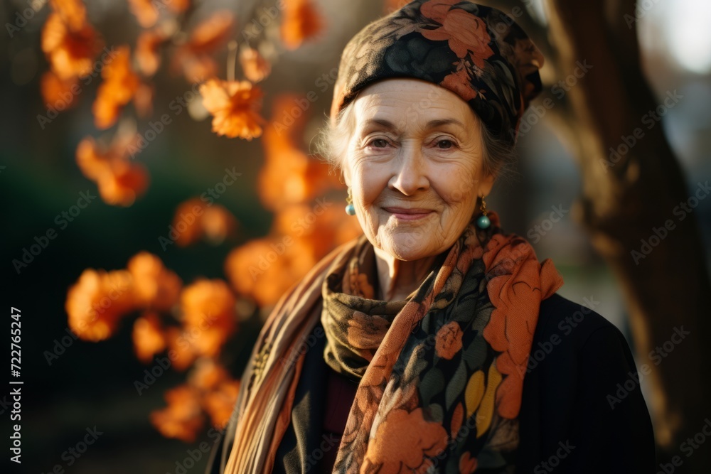 Portrait of a happy senior woman in autumn park. Portrait of an elderly woman.