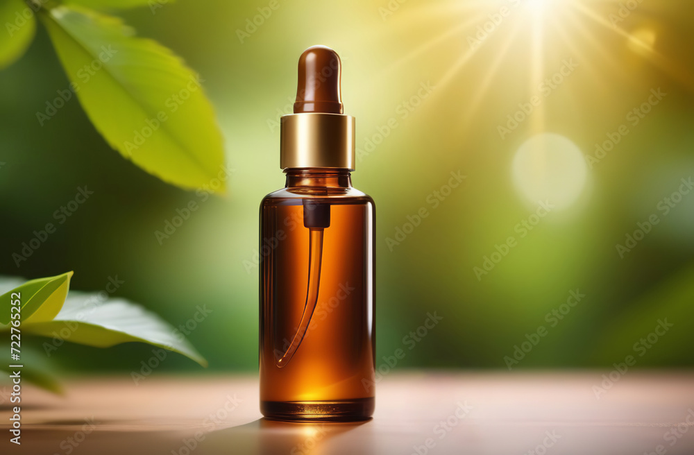 Amber brown dropper bottles and oily pipette. Blurry lush green foliage background. Bio Brand mockup. Face body care. Health eco product ad. Serum, oil. Skin care product. Beauty spa natural cosmetics Amber brown dropper bottles and oily pipette. Blurry lush green foliage background. Bio Brand mockup. Face body care. Health eco product ad. Serum, oil. Skin care product. Beauty spa natural cosmetics