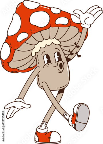 Groovy mushroom cartoon character whistling song with happy face, vector retro art. Hippie groovy mushroom singing melody with song notes, cartoon funky or quirky kawaii hippie amanita mushroom