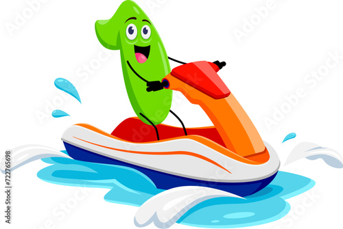 Cartoon cheerful math number one character joyfully rides a water bike, embracing the summer vibes on vacation. Isolated vector cheerful 1 figure enjoys playful aquatic adventure with splashing waves