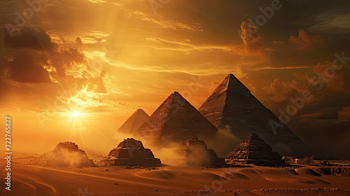 Egypt desert with pyramids and ruins