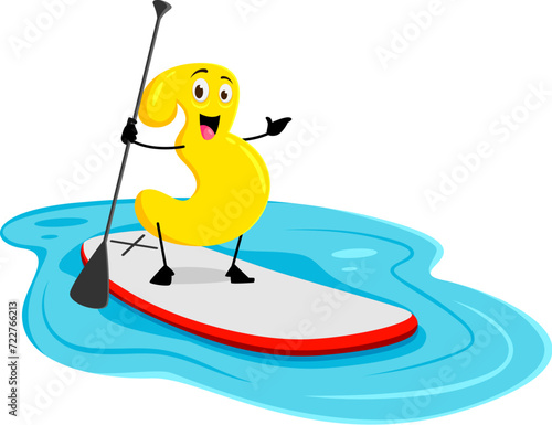 Cartoon cheerful math number three character riding a vibrant sup board enjoys a sunny summer vacation. Isolated vector 3 personage with a big grin, adding splash of fun to the numerical sea adventure