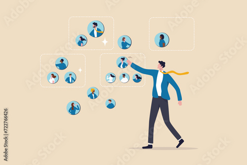 Reorganization or reorg to adjust, allocate resources, change team structure for efficiency, restructure organization, department and job roles concept, businessman ceo reorganize employee role chart.