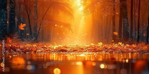 Autumnal splendor in sunlit forest with vibrant maple leaves and soft rays of light. Beautiful fall in park bright orange sunny background. Closeup leaves in nature sunshine creating abstract
