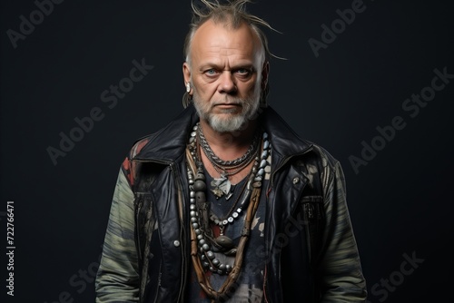 Portrait of a brutal man in a leather jacket and beads.