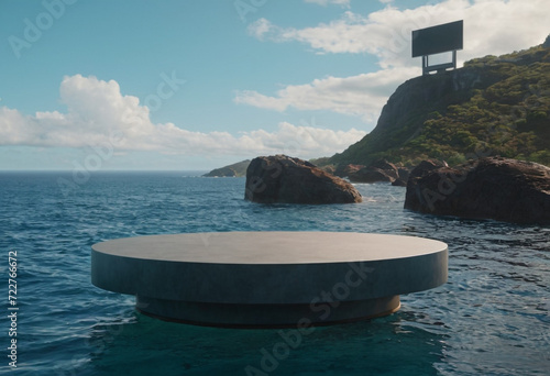 A 3D podium sitting on ocean and hill Background generative AI © Branding_Cafe
