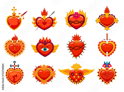 Mexican sacred hearts. Cartoon vector set of vibrant and intricate religious symbols with flowers, flames, crosses, eyes and thorns, representing devotion and spiritual significance in Mexico culture