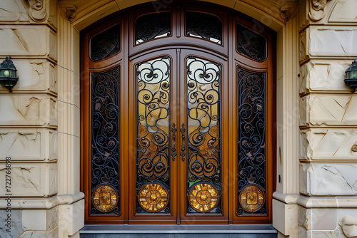 An opulent entrance showcases an intricate double wooden front door with black iron bars and gold glass inserts