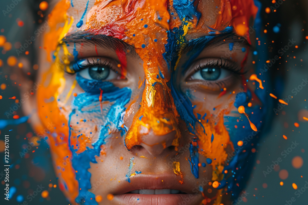A portrait with a burst of colorful paint splatters obscuring the facial features,
