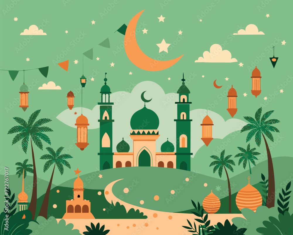 Islamic Celebration Template Background Style Design. Mosque vector cartoon illustration. Islamic element for ramadhan, eid mubarak, etc.	