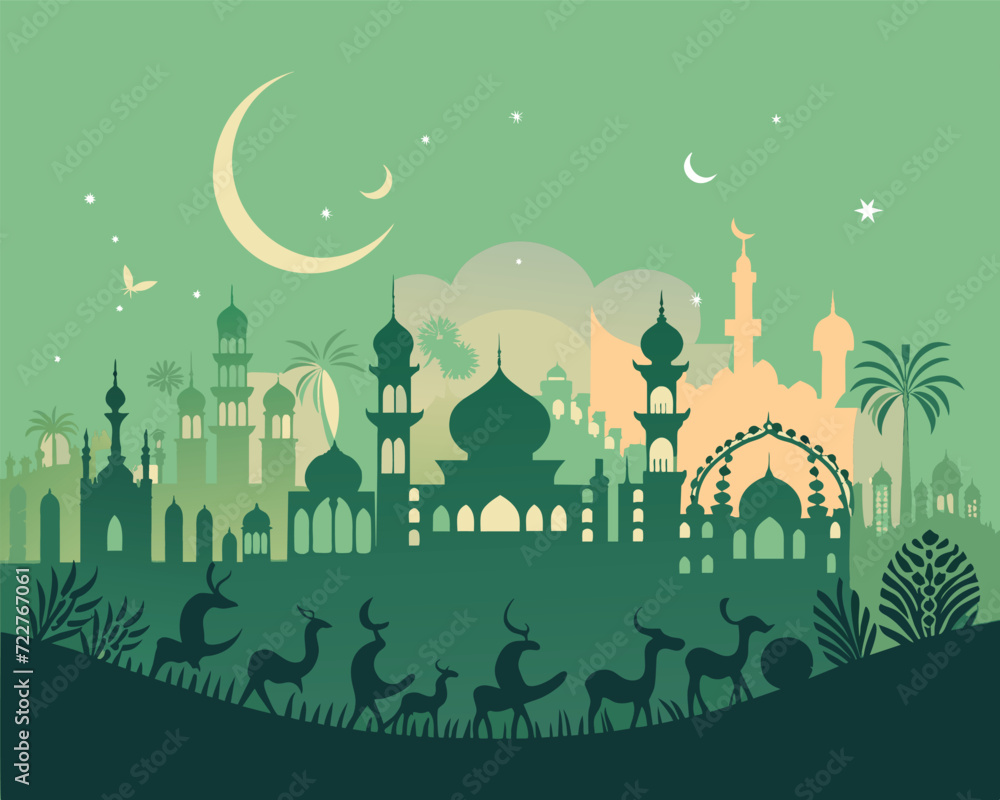 Islamic Celebration Template Background Style Design. Mosque vector cartoon illustration. Islamic element for ramadhan, eid mubarak, etc.	