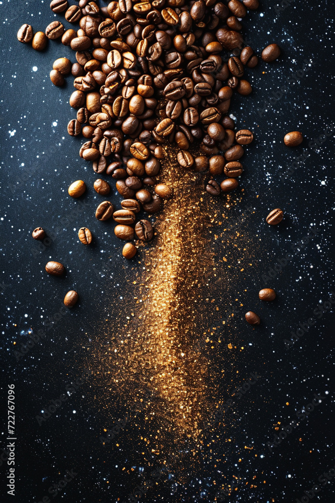 An imaginative representation of a galaxy made from coffee beans, set against a deep space-like backdrop,