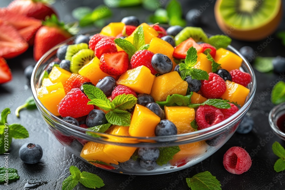 Fresh mixed fruits salad in a bowl professional advertising food photography Fresh mixed fruits salad in a bowl professional advertising food photography