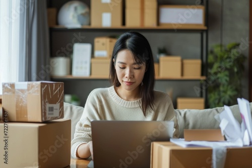Professional Asian lady at home, working on laptop, with phone and parcels