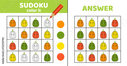 Sudoku. Pumpkin. Coloring sudoku with pumpkin. Squishmallow. Cartoon