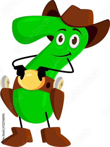 Cartoon math number seven cowboy and ranger, sheriff, robber and bandit character. Isolated vector numerical 7 personage armed with six-shooters, calculates equations and arithmetic solutions swiftly