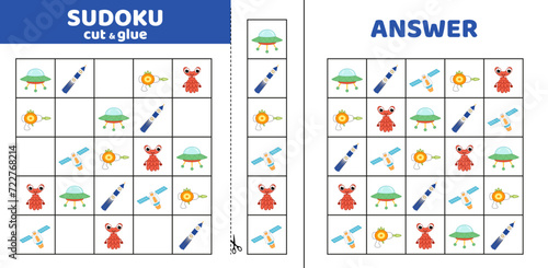 Sudoku with five cosmic elements. Game puzzle for little kids. Cut and glue. Cartoon