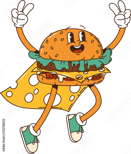 Groovy burger cartoon character, hippie cheeseburger with happy face, vector fast food. Groovy burger superhero in cheese mantle, cartoon funky cheeseburger jumping with peace fingers gesture