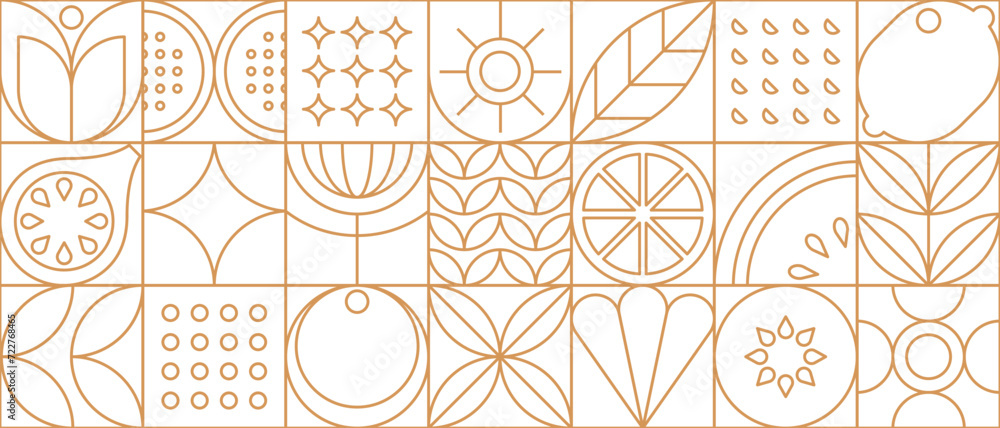 Fototapeta premium Fruit food in modern line geometric pattern or mosaic tile, vector background. Fruits pattern in thin line abstract geometry, outline apple, orange and lemon with fig and kiwi in geometric linear tile