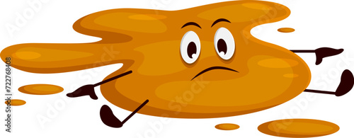Funny poo excrement, cartoon poop emoji character. Isolated vector sad toilet shit emoticon. Comical and humorous diarrhea personage with a distressed expression, depicts the liquid messy aftermath