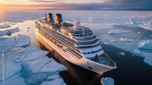 A modern, white cruise ship sails the Arctic Ocean, among ice floes and asbergs. Travel and vacation. En route. photo