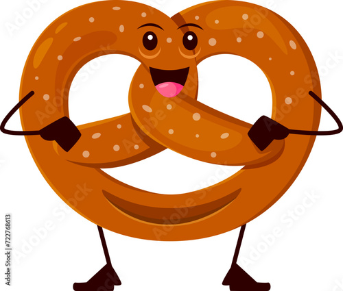 Cartoon funny pretzel bakery character. Isolated vector salty, twisted snack personage with a cheeky grin, sesame seeds, and crispy texture stretch out arms in a doughy embrace, ready for adventure