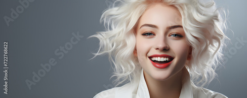 Portrait of a Woman with Albinism, Smiling and Happy, with Beautiful Wavy White Hair