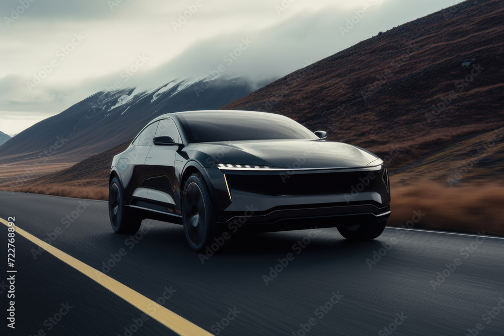 Black electric SUV driving on the street through the mountains
