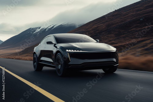 Black electric SUV driving on the street through the mountains © Maris