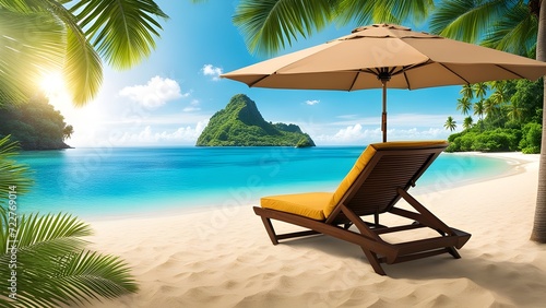 Relax in paradise with a stunning tropical sea view  coconut trees  lounge chair  umbrella  and beautiful sandy beach scene.