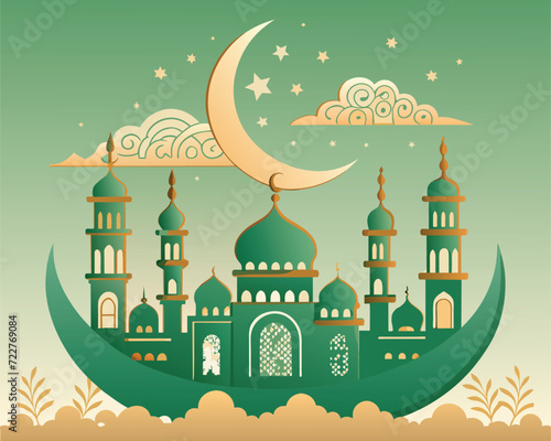 Islamic Celebration Template Background Style Design. Mosque vector cartoon illustration. Islamic element for ramadhan  eid mubarak  etc.