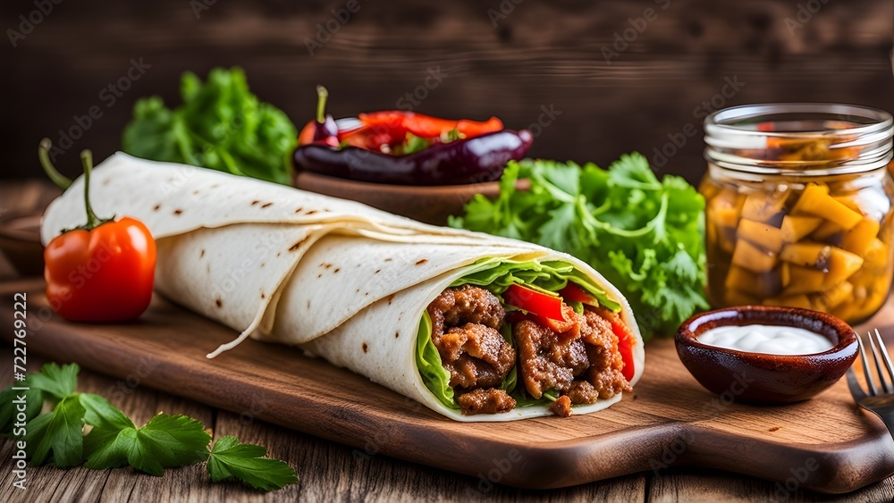 Savor the rich flavors of Turkish and Arabic traditions with Ramadan Adana kebab roll wrap, served alongside yogurt and aubergine salad.